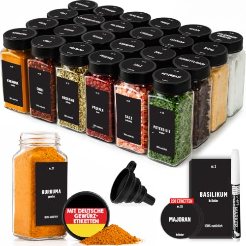 Deco haus Gewürzgläser Eckig Luftdicht - 24 Set Gewürzdosen + 280 Etiketten