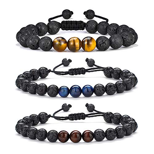 Ojo de tigre Pulsera para hombre Regalos - 8 mm Ojo de tigre Lava Rock Stone Pulseras de ansiedad para hombre, alivio del estrés Pulsera ajustable de ojo de tigre Aromaterapia Difusor de aceite esencial Pulsera de lava Regalos para hombres
