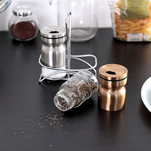 Salt and Pepper Shakers with Stand,GONGSHI Spice Shakers,Brushed Stainless Steel Encasing with Adjustable Pour Holes,Set of 2 (Silver and Gold)