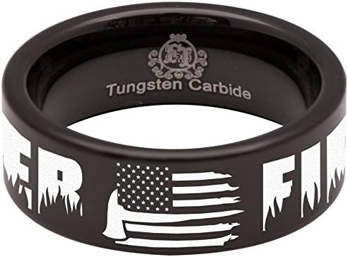 Black Tungsten Carbide Firefighter Axe American Flag Ring 8mm Wedding Band and Anniversary Ring for Men and Women Size 6.5