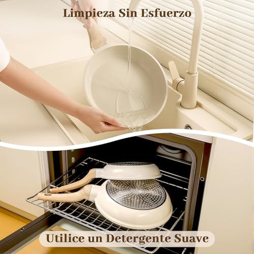 CHEFOLLA Sartenes Antiadherentes 12 Piezas, Bateria de Cocina, Juego de Sartenes de Induccion, Juego de Ollas y Sartenes, Fácil Limpieza, con Sartenes y Cacerolas, Granito Blanco