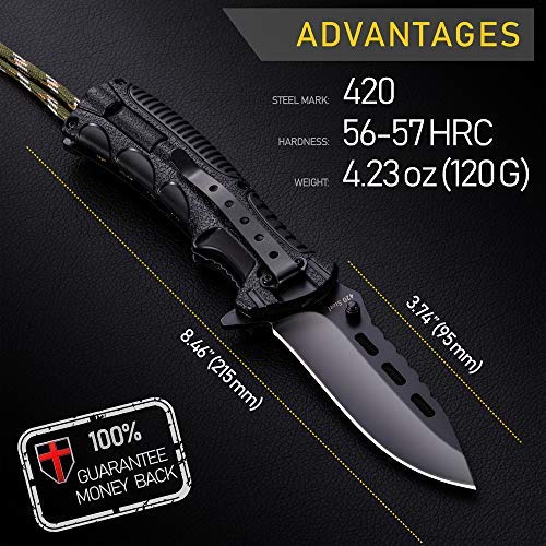 Pocket Knife - Tactical Folding Knife - Spring Assisted Knife with Fire Starter & Paracord Handle - Best EDC Survival Hiking Camping Knife for Army Military Emergency Outdoor Rescue - GrandWay 6772