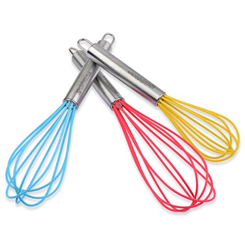 Silicone Whisk Set With Stainless Steel Handles - Set Of 3 - Large Red, Medium Blue, Small Mini Yellow