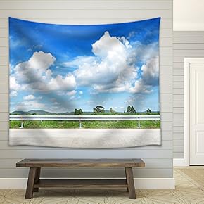 Beautiful Roadside View with Green Nature and Blue Sky Background - Fabric Wall Tapestry Home Decor - 51x60 inches