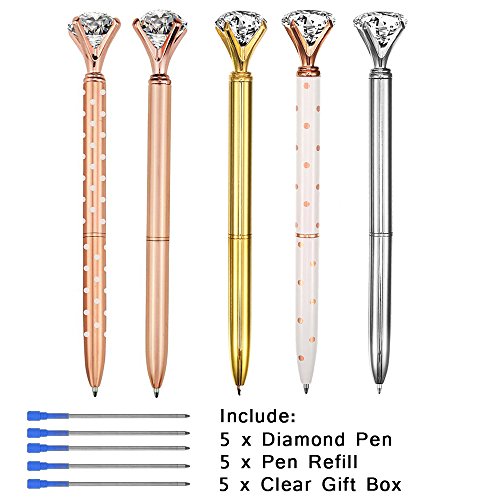 5PCS Big Diamond Pens Rose Gold Pens with Black Ink and 5PCS Diamond Pen Refill Blue Ink,Rose Gold Pen with Big Diamond/Crysta,Metal Ballpoint Pens Rose Gold/Silver/Gold/White-Include 5 Clear Boxes