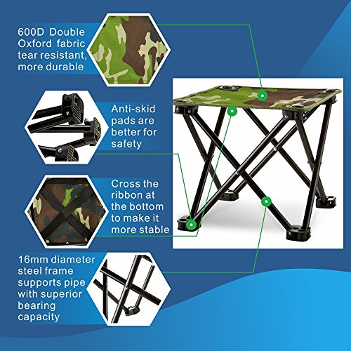 Folding Camping Stool, Mini Folding Stool Portable, Mini Portable Chair for Beach, Picnic Party, Camping, Barbecue, Fishing, Hiking, 600D Oxford Cloth with Portable Bag,12"x12"x11.5"(Green Camouflage)