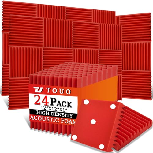 Touo Akustikplatten, Schalldichte Schaumstoffplatten Für Die Wand, 30,5 X 30,5 X 2,5 Cm, Schwer Entflammbarer Keil-Akustikschaum, Hochdichter Schallabsorbierender Schaumstoff Für Heimstudio, Rot, 2,5