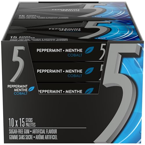 5 GUM, Peppermint-Cobalt Flavoured Sugar Free Chewing Gum, 15 Sticks, 10 Packs