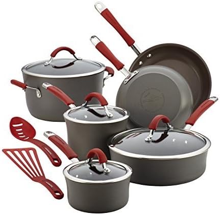 Food Network Featured Cookware Set RACHAEL RAY Premium Nonstick Hard Porcelain Enamel Cookware Oven Safe, PFOA-free,Dishwasher Safe, 12-Piece, Gray, Cranberry Red Handles