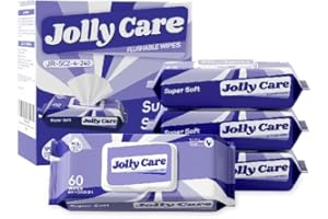 Jolly Care Flushable Wipes, Wet Wipes for Adults, Hypoallergenic, Pure and Caring for The Skin, 99% EDI Pure Water + Aloe Vera + Vitamin E (4 Pack of 60 Counts - 240 Wipes Total)