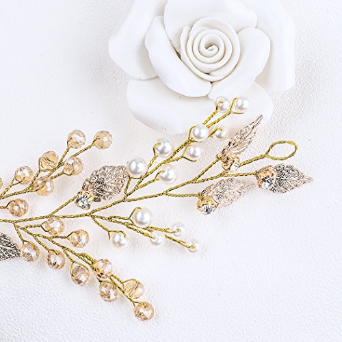 Yean Gold Wedding Headband Leaf Rhinestones Tiara Bridal Hair Vine Wreath