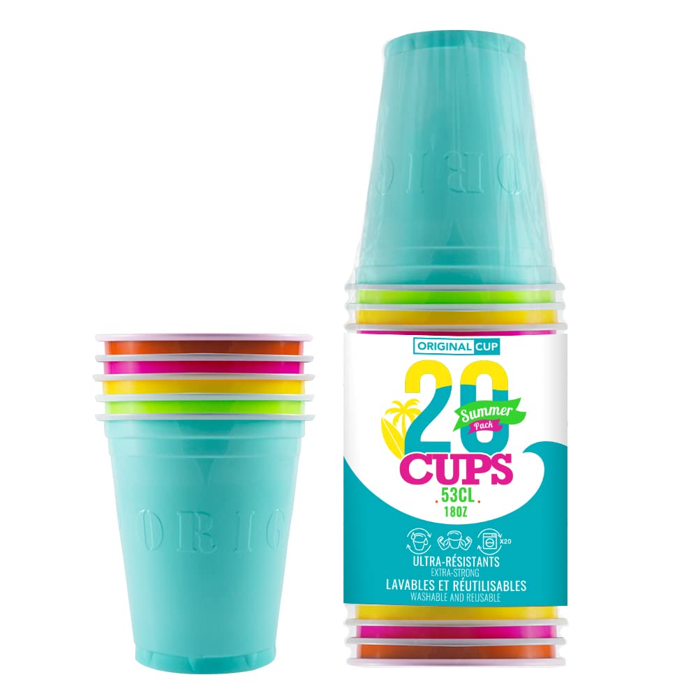 Pack of x20 Official Original Summer Cups | 53cl Multicolor American Cups | Beer Pong | Premium Quality | Reusable Plastic Cups | Hand & Machine Wash | OriginalCup®