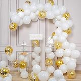 PartyWoo White and Gold Balloons, 100 pcs 12 Inch White Balloons and Gold Confetti Balloons, White and Gold Balloons Pack for White and Gold Baby Shower Decorations, White and Gold Wedding Decorations