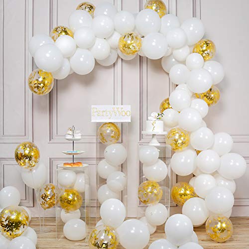 PartyWoo White and Gold Balloons, 100 pcs 12 Inch White Balloons and Gold Confetti Balloons, White and Gold Balloons Pack for White and Gold Baby Shower Decorations, White and Gold Wedding Decorations