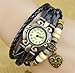 Boho Chic Vintage Leather Rope Bracelet Quartz Watch with Heart (Black)