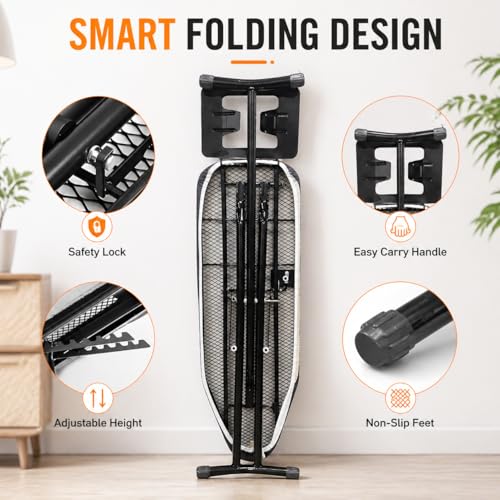 Toshionics Ironing Board with Adjustable Height - Heat Resistant Cover Iron Board with Stean Iron Stand - Non-Slip legs 7 Height Adjustable Options 90cm - Grey