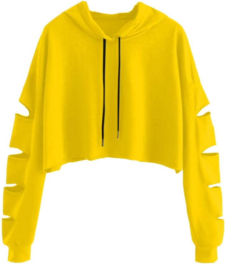 Women Hoodie Long Sleeve Pullover Teen Girls Cute Crop Tops Solid Sweatshirts Casual Hollow Jumper Blouse Shirts