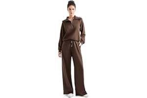 SUUKSESS Women 2 Piece Lounge Matching Set Wide Leg Sweatpant Half Zip Sweatshirt