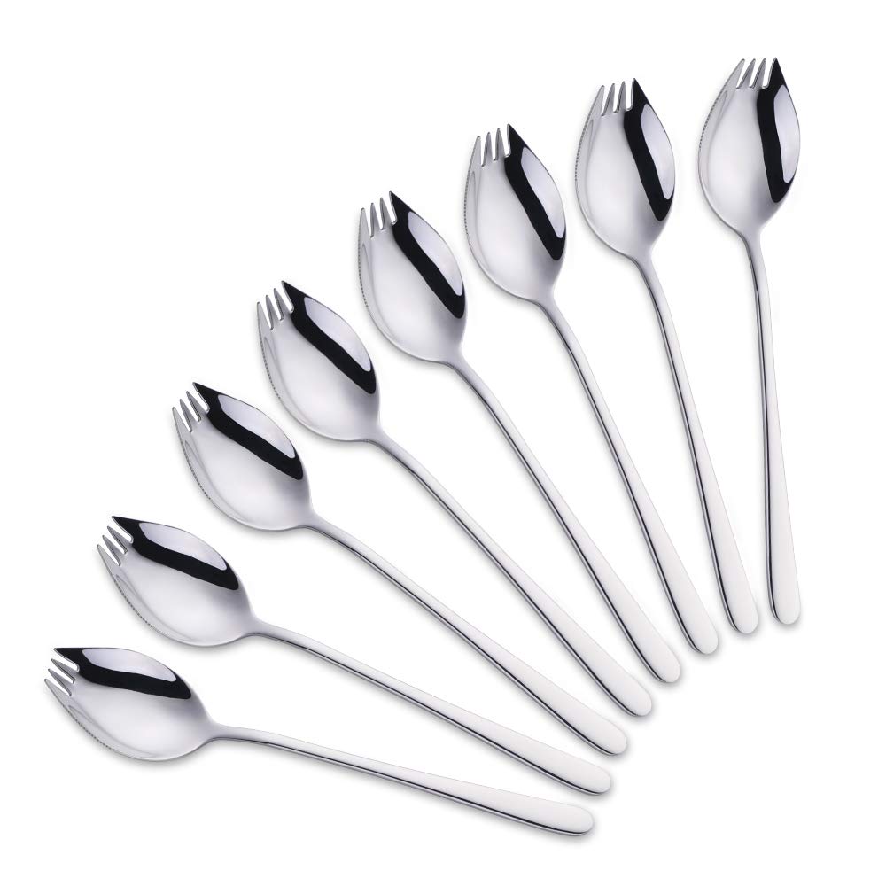 SBOMHS Sporks with Knife Edge Stainless Steel Knife Spoon Fork 3 in One 8 Pieces Camping Cutlery Set Silver Dishwasher Safe