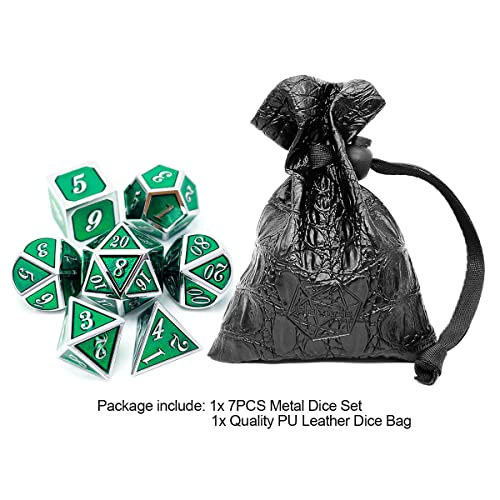 Haxtec 7 Die Metal DND Dice Set Green Elven Goblin D&D Dice Set for