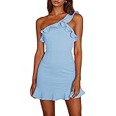 MQCVC Women's Sexy One Shoulder Ruffle Hem Mini Dress Backless Sleeveless Party Cocktail Bodycon Solid Short Dresses