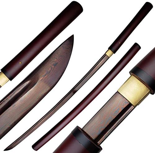 Musha Japanese Shirasaya, Samurai Sword, Katana. Ninja Straight - Zatoichi - Tanto Blade/Samurai Style Damascus Pattern Blade