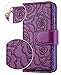 FLYEE Case Compatible with iPhone 6 Plus(2014)/iPhone 6s Plus (2015) 5.5 inch,Wallet Case for Women and Girls with Card Holder, Premium Leather[Embossed Flowers] Protective with Wrist Strap-Purple