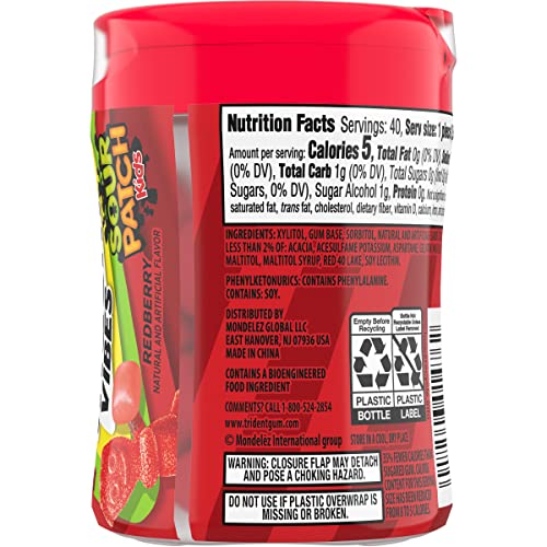 TRIDENT VIBES SOUR PATCH KIDS REDBERRY SUGAR-FREE CHEWING GUM, 40 PIECE BOTTLE