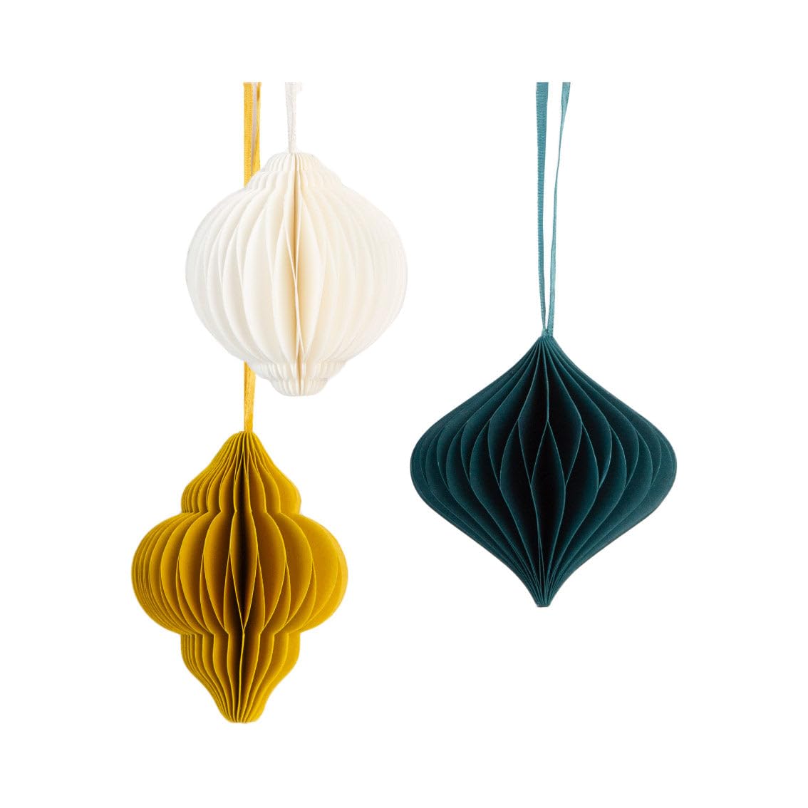 Talking Tables Paper Honeycomb Christmas Tree Decorations - Pack of 3 Hanging Xmas Baubles in White, Green and Yellow, Small, Goldcreamwhite