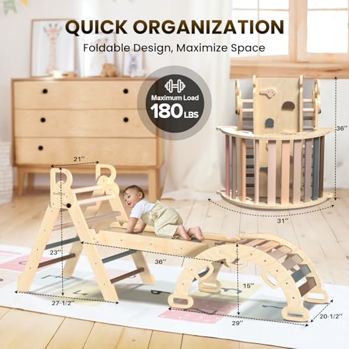 BlueWood Pikler Triangle Set 7in1 Foldable Baby Climbing Toys Wooden Montessori Climbing Set with Arch&Ramp&Ladder Baby Climber Indoor Jungle Gyms for Toddlers Montessori Toys - Mauve Pink
