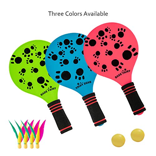 Babe Fairy Beach Paddles,Portable Net and Ball Set,Set Includes 2 Wood Beach Paddles + 4 Birdies + 2 Balls + 1 Mesh Carry Bag(Red)