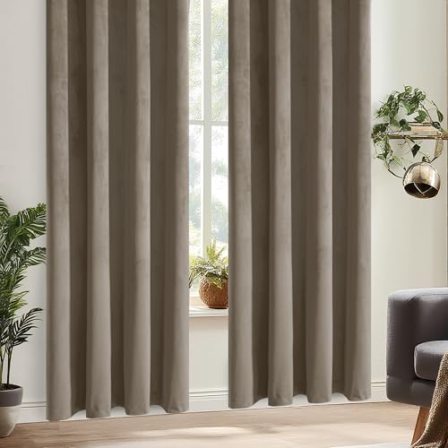 DWCN Set Of 2 Taupe Velvet Curtains with Eyelets H245XB140cm with Ties for Curtains, Velvet Blackout Curtains for Bedroom Living Room, Wonderfully Soft Velvet Curtains