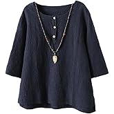 Minibee Women's 3/4 Sleeve Cotton Linen Jacquard Blouses Top T-Shirt