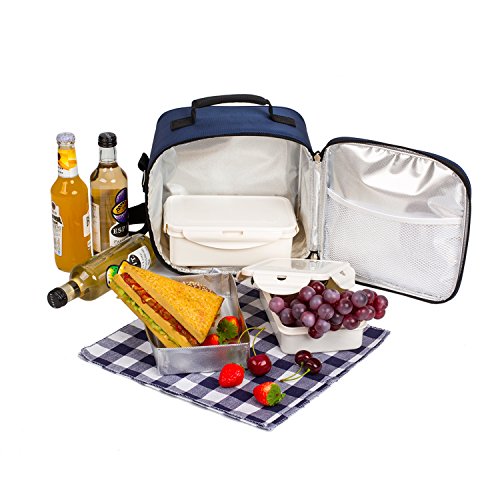 TAWA Lunch Bag with 2 reusable lunch boxes Compact Design Perfect for Picnic School Office Tote Lunch Bag- Including 2lunch box,1Insulated Tank, 2 cotton napkins,1 Insulated box(Blue) - Thumbnail 2