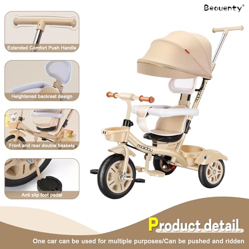 Beauenty Kids Tricycle with Push Handle, 4 in 1 Multifunctional Kids Tricycle Stroller Baby Tricycle with Removable Canopy Rotatable Seat Wheel for 6 Months-6 Years Boy&Girl (Champagne)