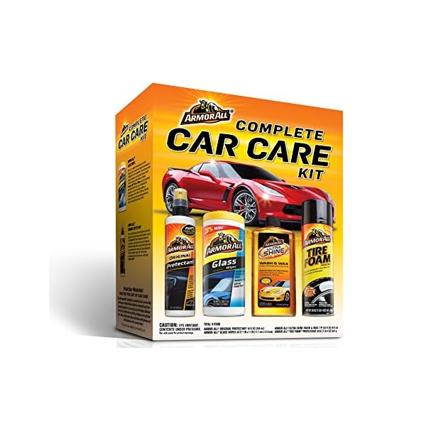 Armor All Car Wash and Cleaner Kit (4 Items) - 2pc Glass Wipes & Protectant with Wax & Wash Soap and Tire Shine Foam, 13703C