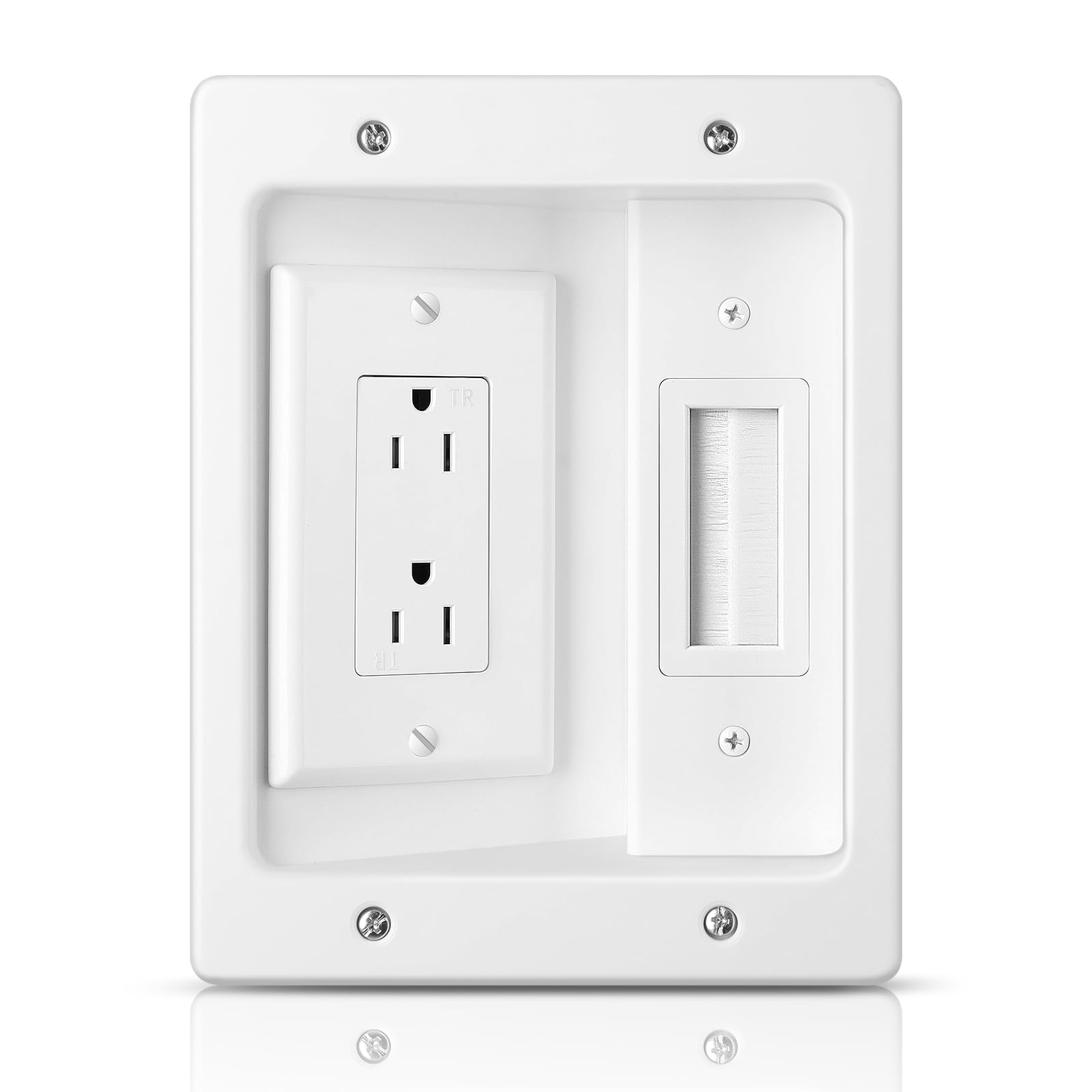 Photo 1 of Wall Cable Concealer Kit, in Wall Cable Management Kit for TV, Recessed Outlet with Cable Management Box, in Wall Power Kit Hides TV Cords and Cables, Fits All Plugs, White