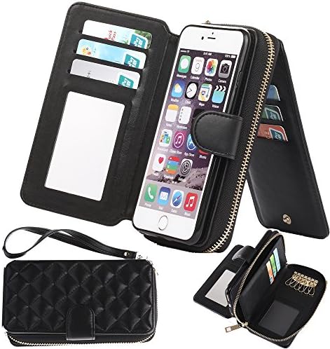 iPhone 6plus/6sPlusCase,Aroko Premium Zipper Wallet Leather Detachable Magnetic iphone 6sPlus Case Purse Clutch with Black Flip Credit Card For iphon 6Plus case (6Plus/6SPlus 5.5inch, GZi-Black)