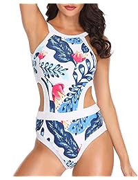Holipick Traje de baño de una pieza con cuello alto y estampado floral, sin espalda, para dama