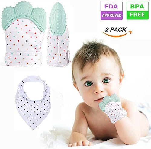Teething Mitten Baby - 2 Packs Soothing Teether Mitten Teething Toys Glove for babies BPA FREE Safe Food Grade Silicone DroolBibs included (Mint Green)