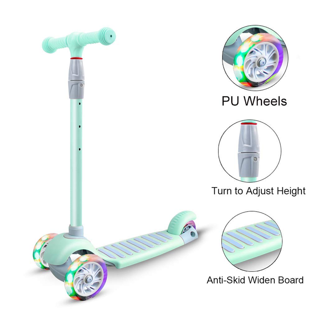 67i Kick Scooter for Kids 3 Wheel Scooter for Toddlers Girls & Boys 4 Adjustable Height Lean to Steer with PU Light Up Wheels for Children from 3 to 14 Years Old (Green)