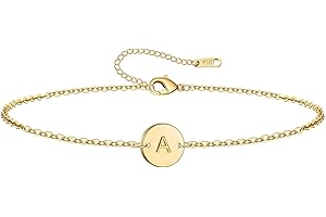 MOMOL Initial Charm Bracelets, 18K Gold Plated Stainless Steel Dainty Small Round Coin Disc Initial Bracelet Engraved Letters Personalized Name Bracelet for Girls