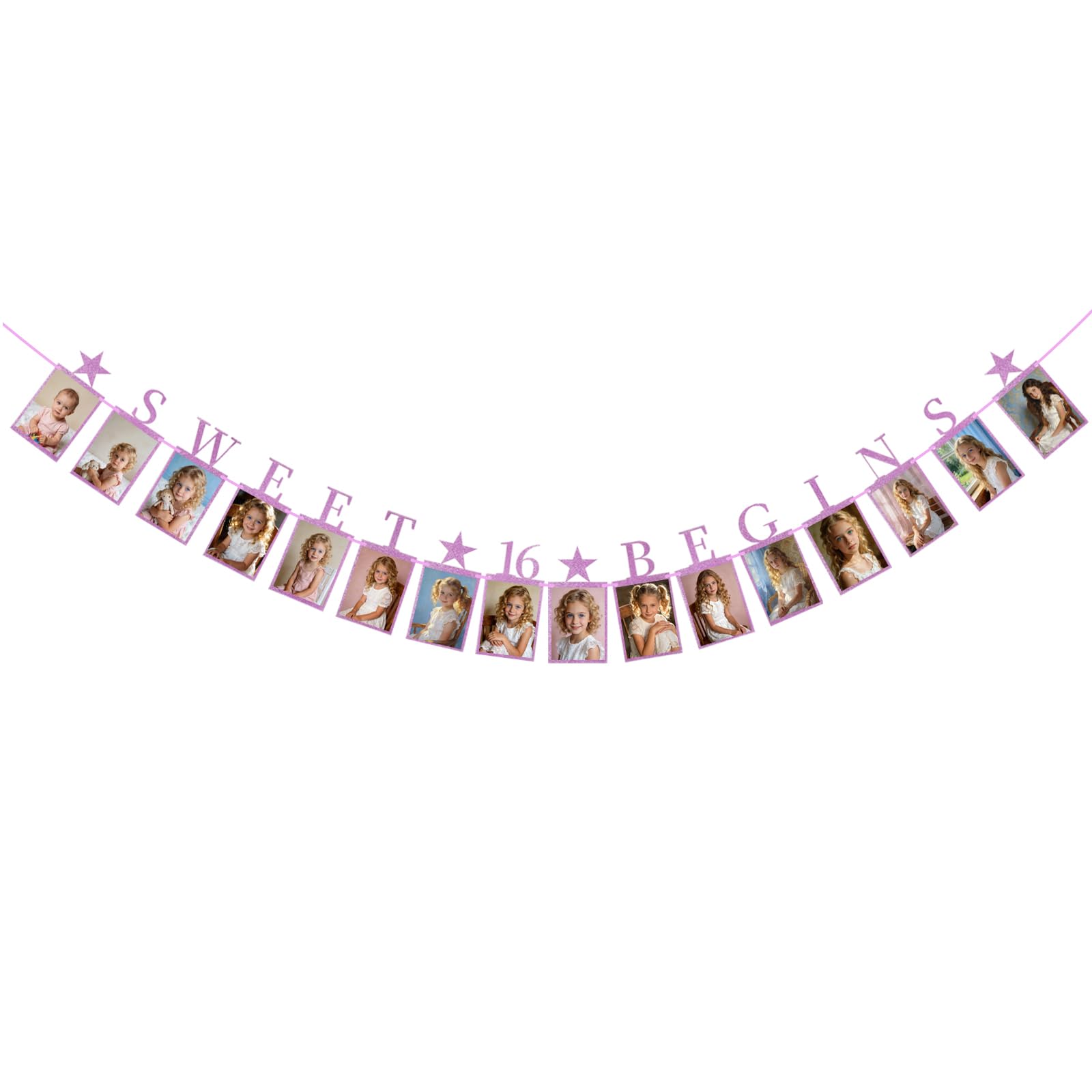 NETFLO 16th Photo Birthday Banner for Teenage Girls Photo Banner 16 Photo Slots Growth Milestone Banner with Glitter Hanging Garland Bunting for Party Photo Props Decorations (Pink)