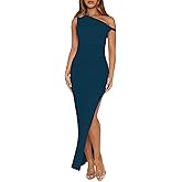QZOOK Women's One Shoulder Dresses Fall Cocktail Twist Strap Side Slit Bodycon Elegant Wedding Guest Prom Party Maxi Dress