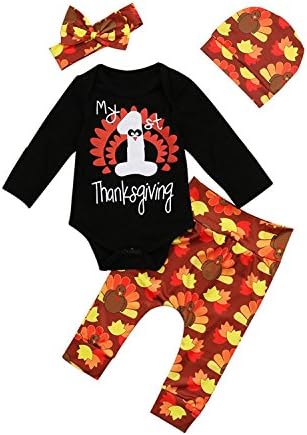 Chogial Thanksgiving Outfit Newborn Baby Boy Girl Letter Print Romper Turkey Print Pant Hat Headband 4pcs Clothes Set (Black, 6-12 Months)