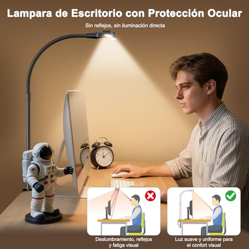 Lampara de Escritorio LED con Control Remoto, 1800LM Luz Escritorio Doble Cabezal Ultra Ancha, 5 Temperaturas Color y 5 Brillos, Lámpara Mesa con Pinza para Monitor, Oficina, Estudio, Lectura y Gaming