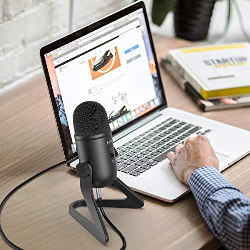 USB microphone with desktop stand, ideal for high-quality audio recording and management.