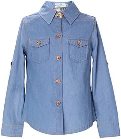 GuaGuaEgg Girls Denim Shirts Classic Design Long Sleeve Blouse Denim Blue 15T