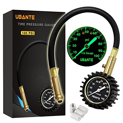 Click Here to See More Images UBANTE Tire Pressure Gauge - Heavy Duty - Reliable and Accurate Air Pressure Gauge for Car, SUV, Motorcycle, RV, ATV and Truck Tires 100 PSI - 4 Free Valve Caps