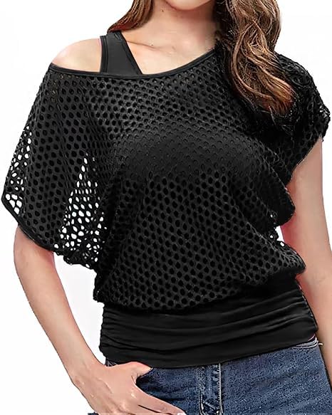 80s Fancy Fishnet Top for Women, Tank Top Off the Shoulder T-shirt 1980s Retro Theme Party Costume Accessories Cosplay — image 1